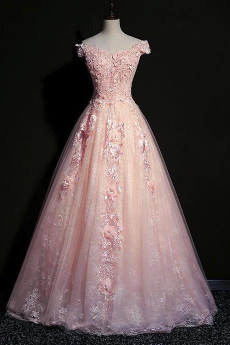 Pink Sweetheart Tulle And Lace Long Formal Dress, Pink Elegant Junior Party Dress