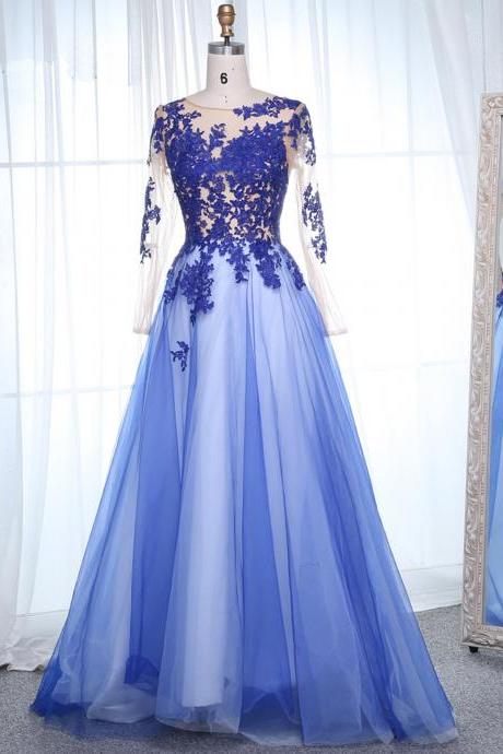 Royal Blue Tulle Scoop Neck Long Sleeves Appliques Lace Prom Dresses, Blue Evening Dress