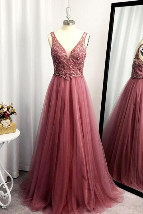 Pink Tulle Lace V-neckline Floor Length Party Dress, A-line Pink Formal Dress