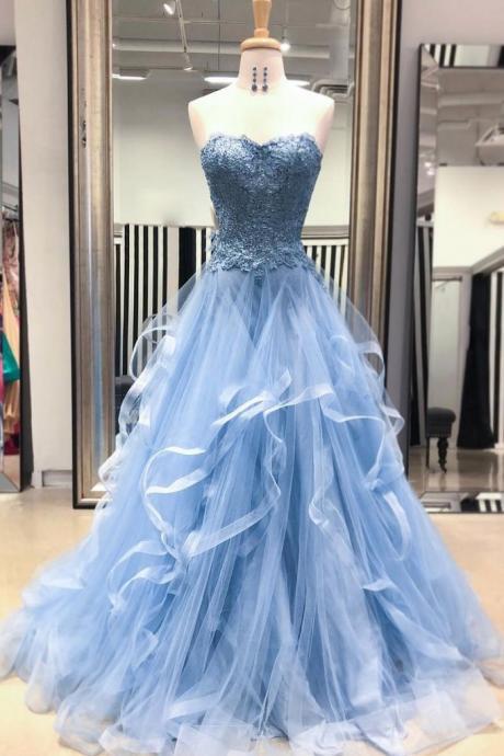 Sweetheart Blue Tulle Layered Long Prom Dress, Lace Evening Dress