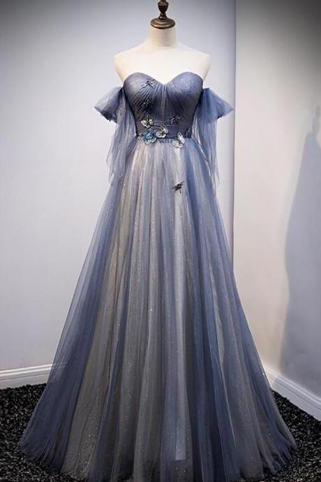 Chic Blue And Grey Tulle Long Sweetheart Style Party Dress, Tulle A-line Formal Dress