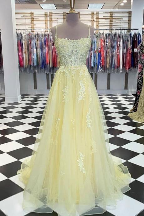 Light Yellow Tulle Lace Yellow Tulle Lace Long Prom Dress, Party Dresses