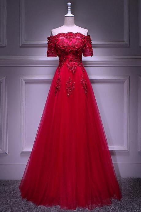Fashionable Red Tulle Short Sleeves Lace Applique Long Junior Prom Dress, Red Formal Gown
