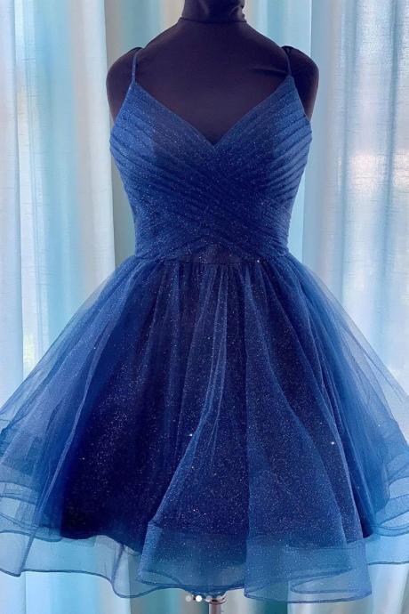 Blue V-neckline Tulle Straps Layers Short Prom Dress,blue Homecoming Dress