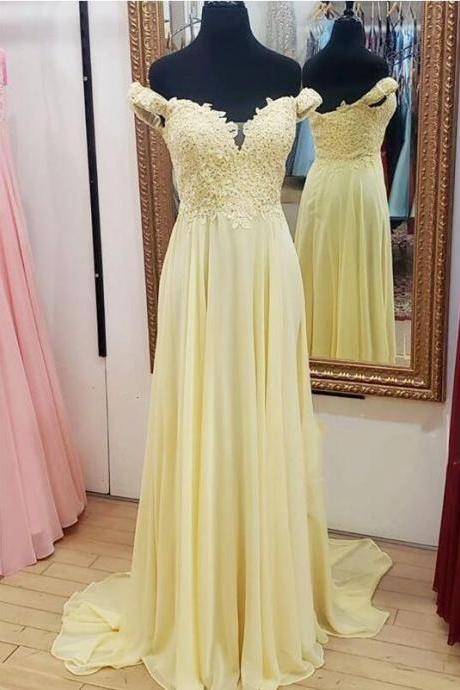 Light Yellow Chiffon Lace Sweetheart A-line Beaded Prom Dress, Yellow Long Formal Dress