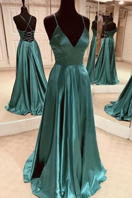 Green Satin Simple Cross Back V-neckline Floor Length Party Dress, Green Prom Dress Formal Dress