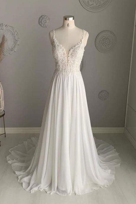 Simple Pretty White Chiffon Lace V Neck Long A Line Prom Dress, Evening Dress Formal