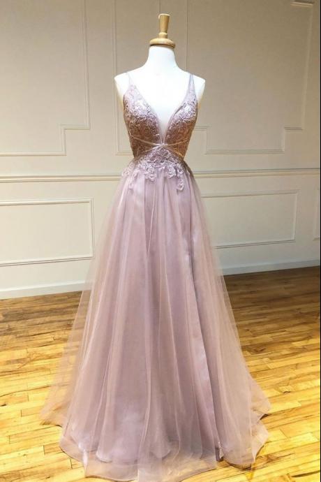 Pink A-line Lace A Line Open Back Long Sweet 16 Prom Dress, Evening Dress