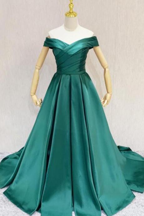Green Off Shoulder Satin Sweetheart Long Formal Dress, A-line Green Wedding Party Dress