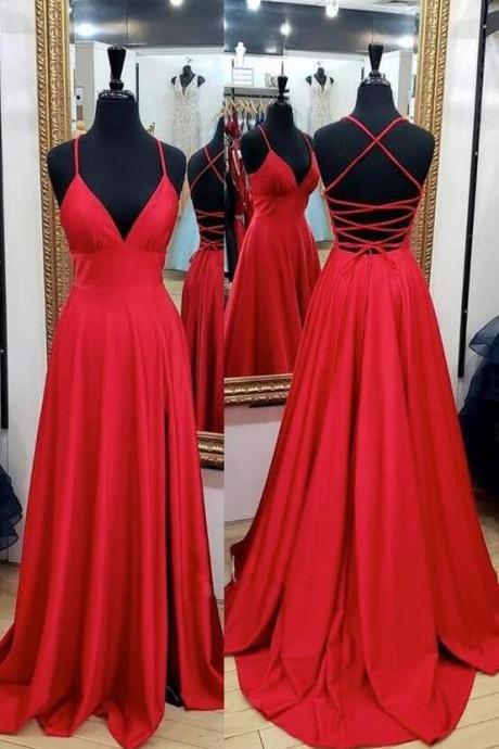 Red V-neckline Straps Backless Prom Dress With Leg Slit, A-line Red Party Dress Evening Dress