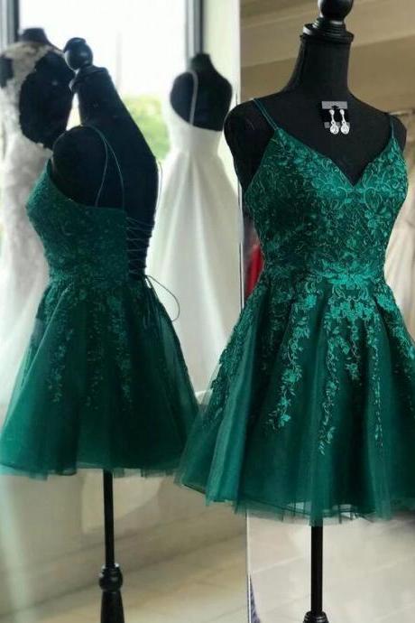 Green Lace Tulle V-neckline Short Prom Dress, Green Homecoming Dress Graduation Dress
