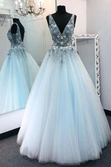 Light Blue Tulle V-neckline Lace Applique Formal Gown, Blue Prom Dress Evening Dress