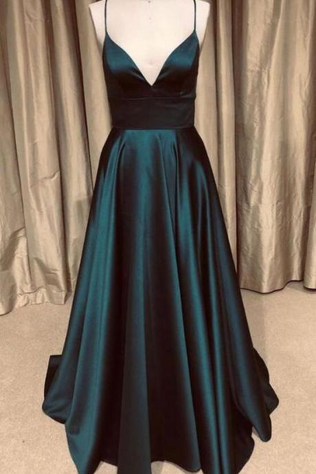 V Neck Green Backless Long Prom Dresses, V Neck Backless Green/blue Formal Graduation Evening Dresses