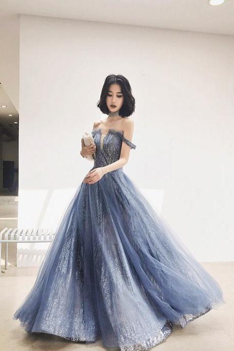Blue And Grey Off Shoudler Shiny Tulle Long Party Dress, Off Shoulder A-line Prom Dress
