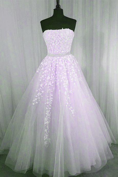 Light Purple Tulle Strapless Lace Applique Long Formal Gown, Light Purple Evening Dress