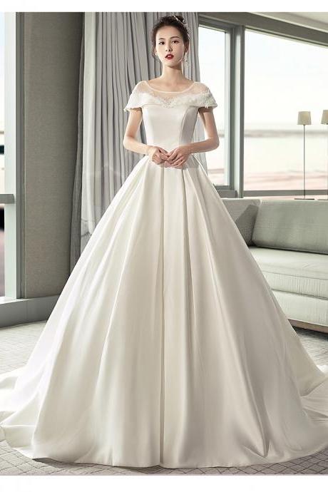 Simple Pretty Ivory Satin Cap Sleeves With Lace Ball Gown Wedding Dress, Satin Bridal Gown Wedding Party Dress