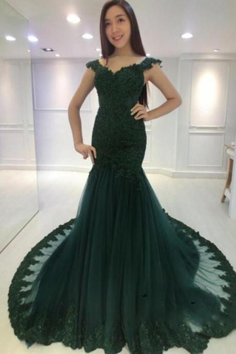 Sexy Hunter Green Tulle Mermaid Lace Applique Evening Gown, Dark Green Party Dresses