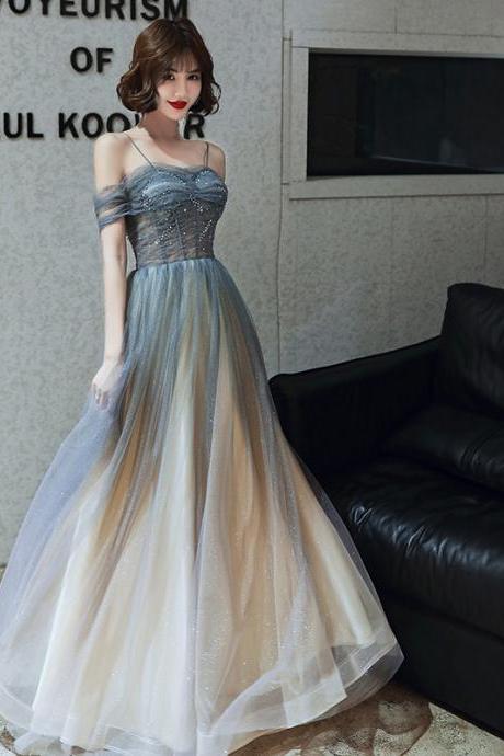 Gradient Shiny Tulle Straps Long Fromal Dress, Sweetheart A-line Tulle Prom Dress Party Dress