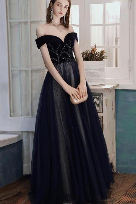 Gorgeous Black Off Shoulder Tulle And Velvet Beaded Long Party Dress, A-line Sweetheart Prom Dress