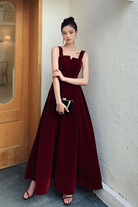 Wine Red Velvet Straps Floor Length Long Party Dress, Burgundy Velvet Bridesmaid Dress