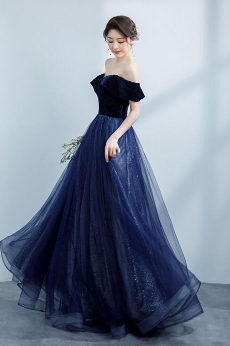 Velvet Top Off Shoulder With Shiny Tulle Skirts Long Prom Dress, A-line Foolr Length Evening Dress
