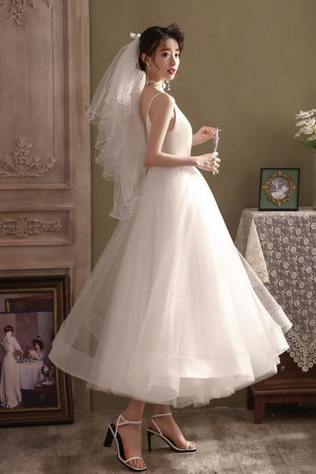 Simple White Tea Length V-neckline Beach Wedding Dress, Simple Wedding Party Dress Bridal Dress