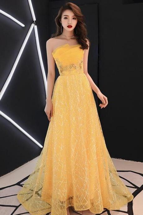 Charming Yellow Tulle Flowers Beaded Floor Length Prom Dress, Yllow Formal Gown Evening Dress