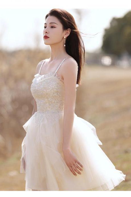 Ivory Tulle With Sequins Straps Short Party Dress, Ivory Homecoming Dress Formal Dresses
