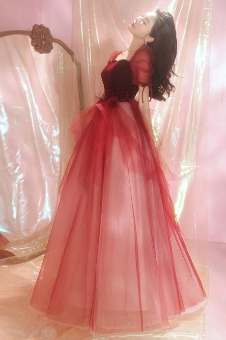Wine Red Velvet And Tulle Vintage Style Long Formal Party Dress, Dark Red Evening Dress Prom Dress