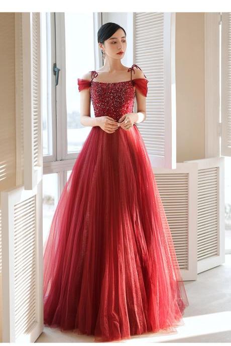 Dark Red Beaded Tulle Straps Long Unique Style Party Dress, Wine Red Formal Dress Evening Dress