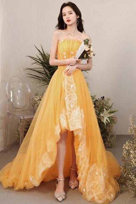 Light Yellow Tulle With Lace High Low Party Dress, High Low Prom Dress Homecoming Dress