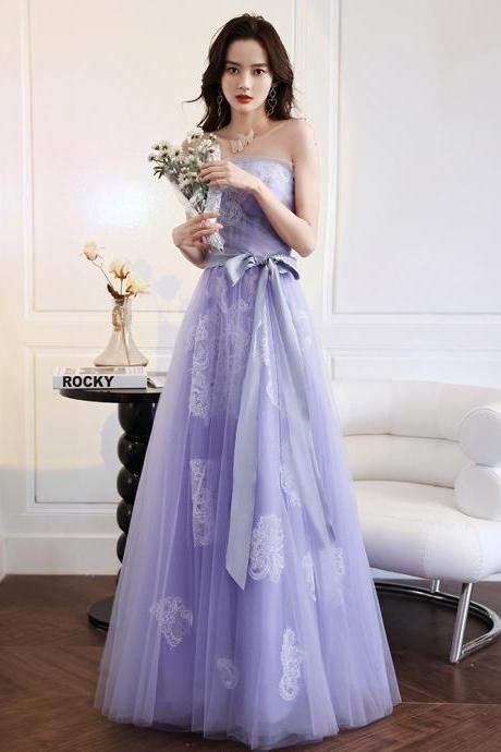 Light Purple Tulle Scoop A-line Party Dress With Lace, Elegant Purple Long Evening Dress