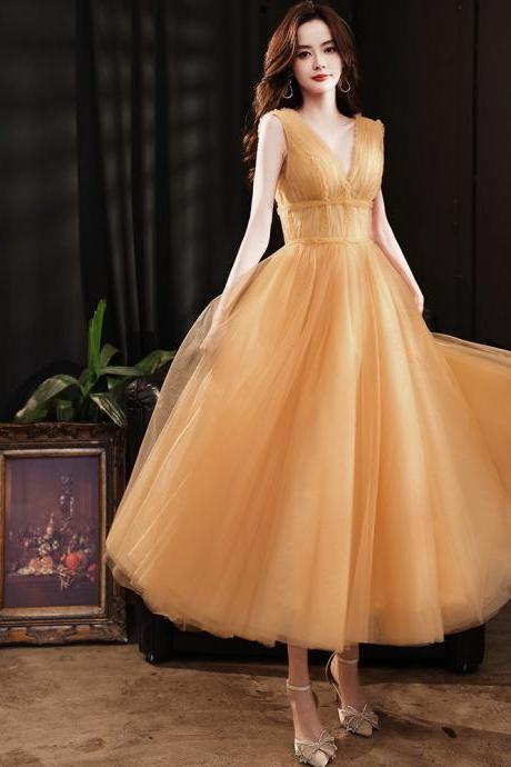 Beautiful Dark Yellow Tulle Tea Length Party Dress, Tea Length Wedding Party Dress