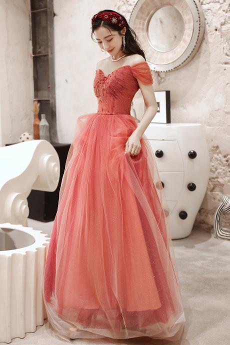 Charming Watermelon Sweetheart Beaded Tulle Princess Gown, Tulle Long Prom Dress