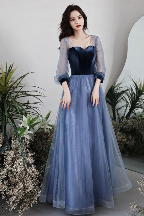 Blue Puffy Sleeves Velvet And Tulle Long Party Dress, A-line Bue Formal Dress Evening Dress