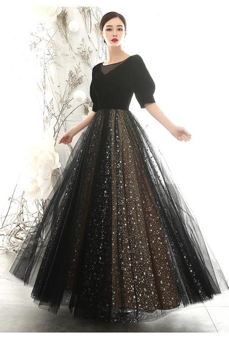 Gorgeous Black Tulle A-line Wedding Party Dress, Black Long Evening Dress Prom Dress