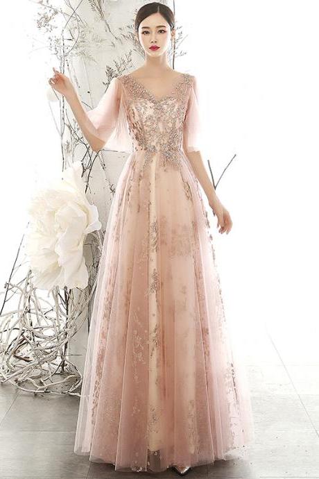 Pink Sleeves Tulle With Lace Applique Bridesmaid Dress, V-neckline Long Evening Dress Prom Dress