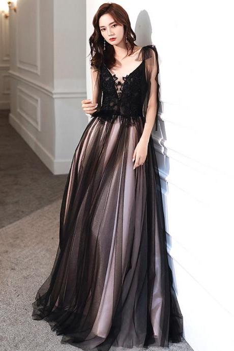 Black And Pink V-neckline Style Tulle Evening Dres, A-line Long Black Prom Dress Party Dress
