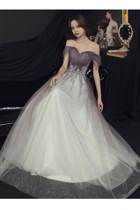 Lovely Off Shoulder Gradient Tulle Lace Applique Wedding Party Dress, A-line Long Prom Dress