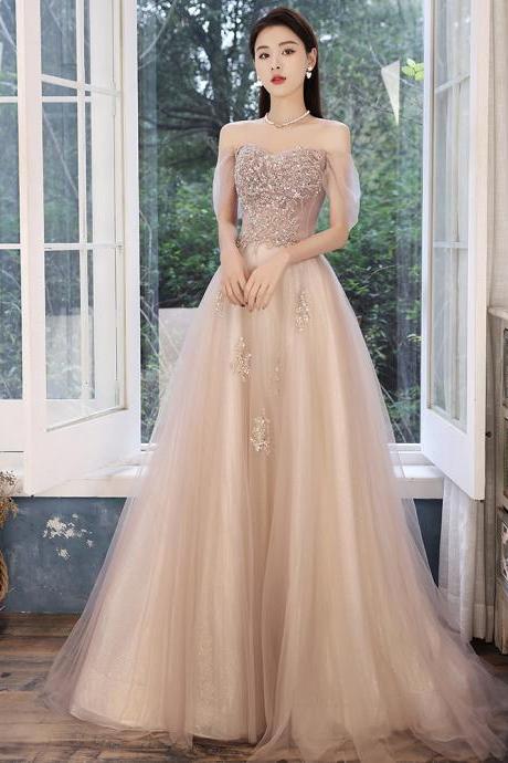 Pink Sweetheart Lace Off Shoulder Charming Long Party Dress, Light Pink Evening Dress Formal Dress