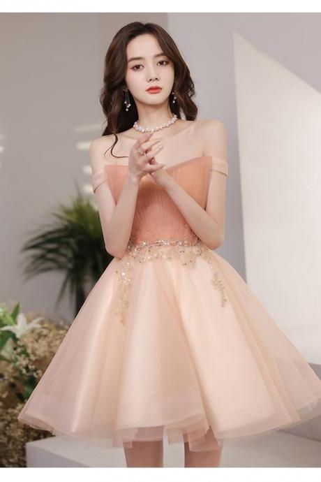 Cute Tulle Short Pink Off Shoulder Homecoming Dress, Pink Short Party Dress Prom Dress