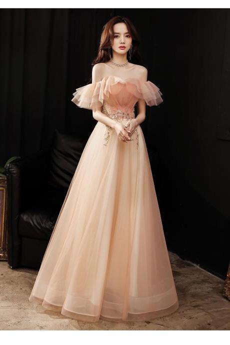 Pink Sweetheart Soft Tulle Off Shoulder Eelgant Gown, Pink Long Party Dress