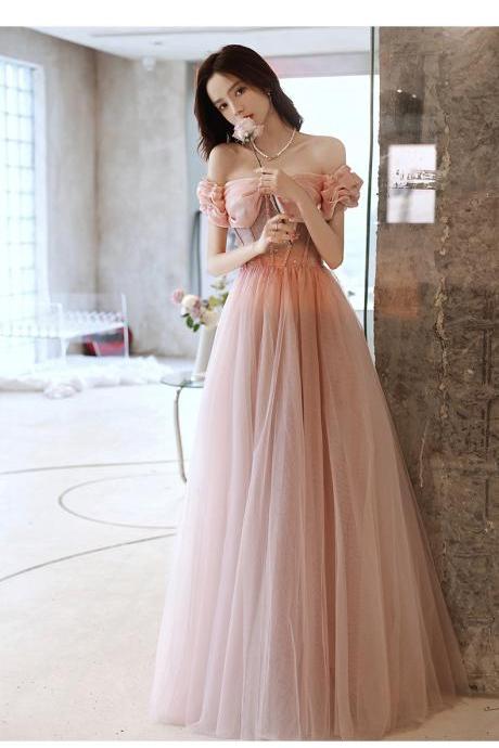 Pink Tulle Style Long Sweetheart Beaded Evening Gown, Pink Princess Long Party Dress