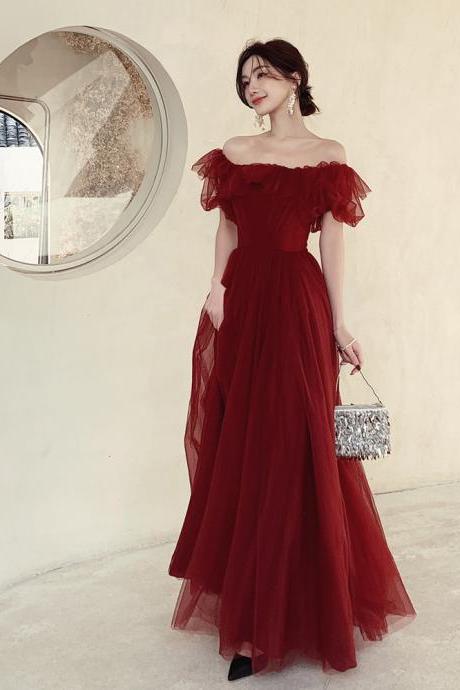 Dark Red Velvet Long Formal Gown, Off Shoulder Wine Red Prom Dress Party Dress