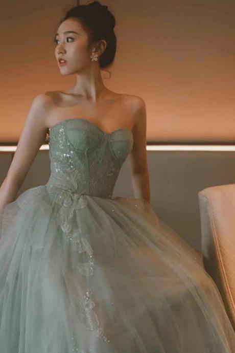 Mint Green Sweetheart Lace And Tulle Formal Dress, Light Green Long Party Dress Prom Dress