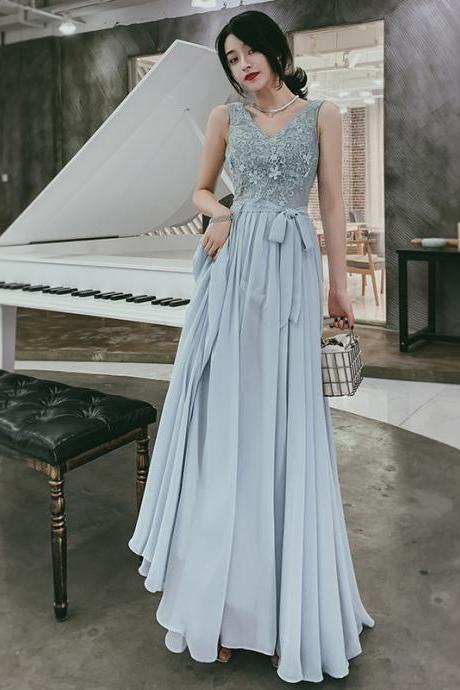Beautiful Chiffon and Lace V-neckline Long Party Dress, Chiffon Bridesmaid Dress Party Dress