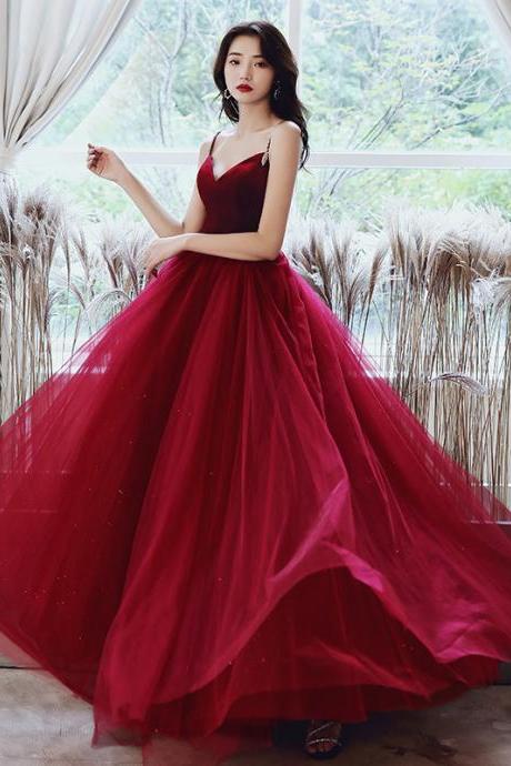 Style Chich Wine Red Velvet And Tulle Long Evening Dress, Prom Dress Party Dress