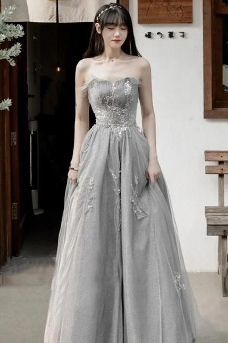 Light Grey Tulle Beaded And Sequins Scoop Long Evening Dress, Grey Party Dress Formal Dress