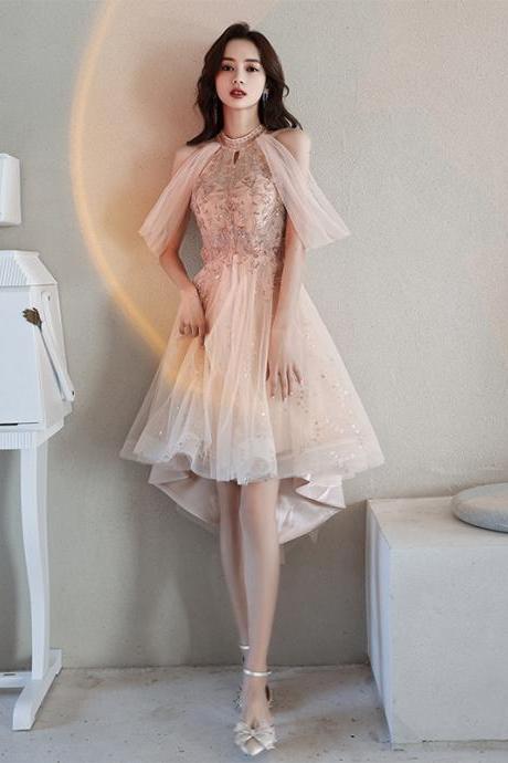 Light Pink Chic High Low Tulle With Beaded Homecoming Dress, Pink Off Shoulder Prom Dress Party Dress