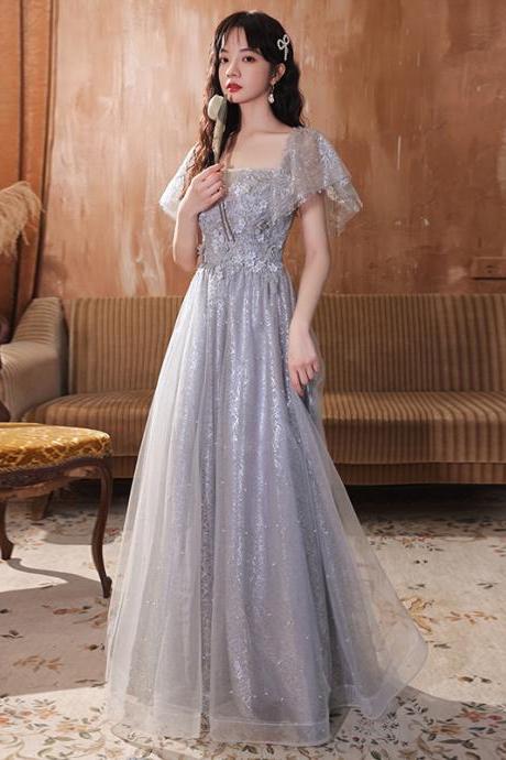 Light Grey Shiny Tulle With Flowers Long Party Dress, A-line Grey Prom Dress Evening Dress